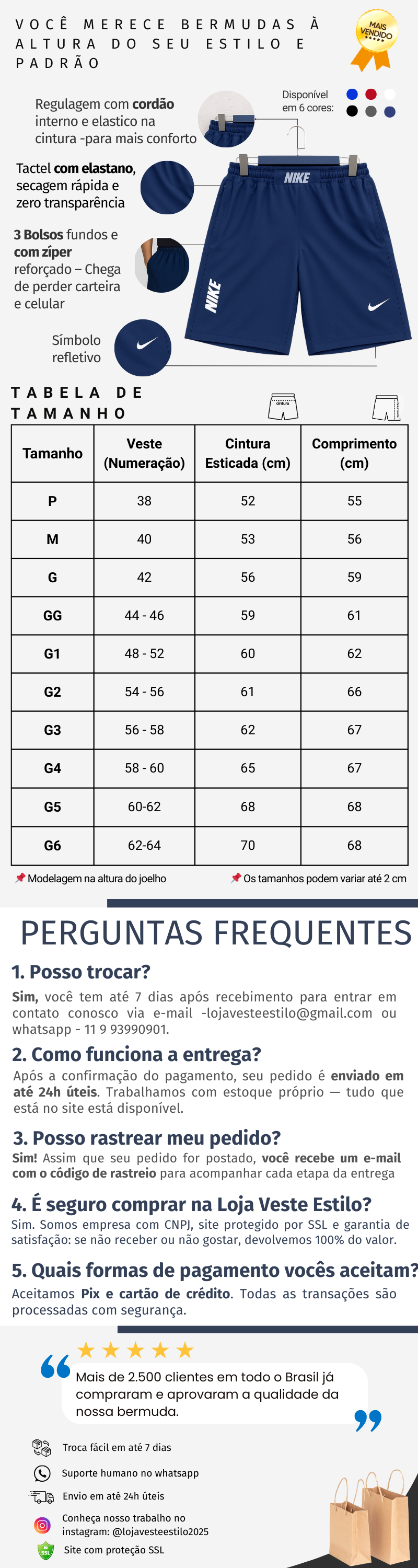Bermuda Elastano Masculina P ao G6 - Plus Size